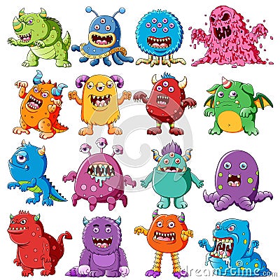 Collection of angry character monsters Vector Illustration