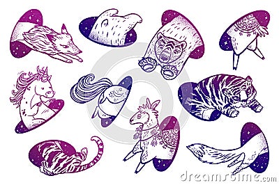 Collection of animals in magic teleport. Linear drawings in bright vibrant gradient color. Cartoon Illustration