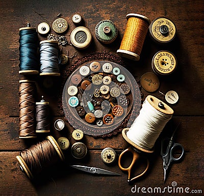 A collection of antique sewing tools Stock Photo