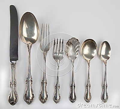 Collection of antique silverware. Stock Photo