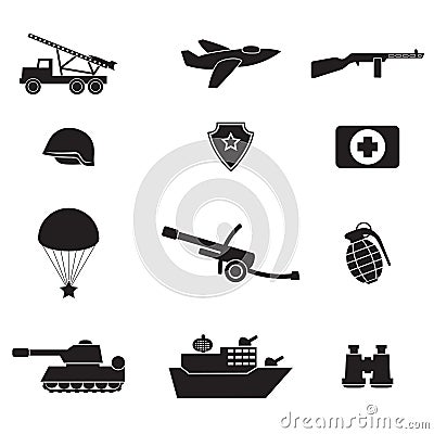 Collection of army black silhouette icons on a white isolated background. Vector image Vector Illustration