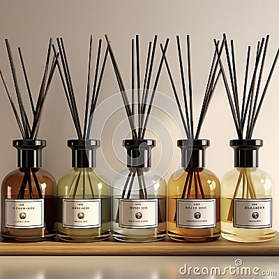 Collection of aromatic reed diffusers displayed on a shelf, AI-generated. Stock Photo
