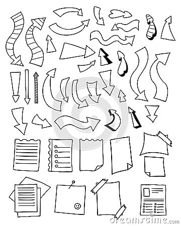 Collection arrows and pointers, sheets paper, notebook page, sticker sheet and sticky note. Vector doodles. Isolated Vector Illustration