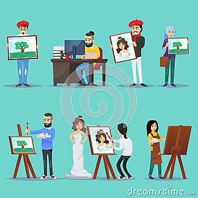 Collection of artists with their paintings Vector Illustration