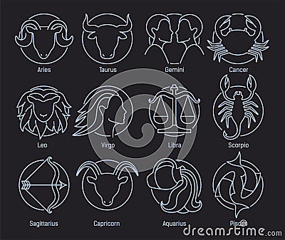 Collection of astrological symbols placed inside round frames drawn with blue contour lines on black background. Bundle Vector Illustration