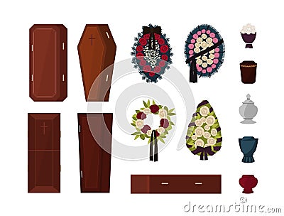 Collection of attributes for funeral, burial ceremony, mortuary rituals isolated on white background - coffin, urn Vector Illustration