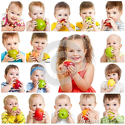 Collection of babies and kids eating apples Stock Photo