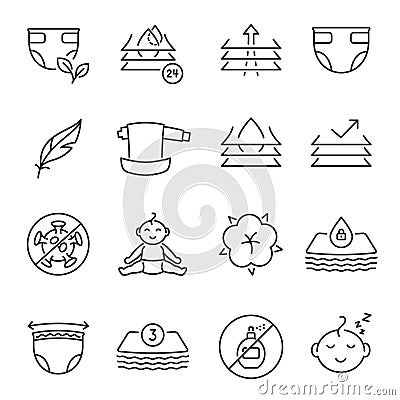 Collection baby diaper icon vector illustration. Set of toddler hygienic clothes and equipment Vector Illustration