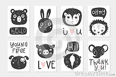 Collection of 8 baby shower posters, vector invites. Vector Illustration