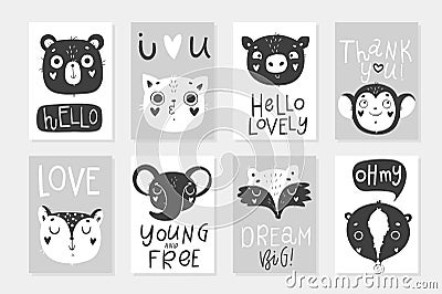 Collection of 8 baby shower posters, vector invites. Vector Illustration