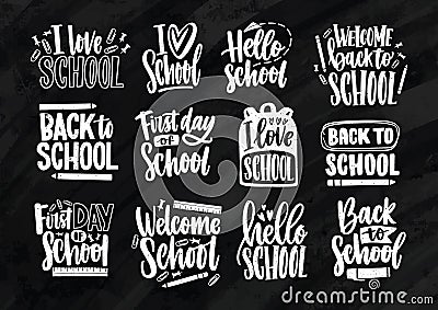 Collection of Back to School lettering written with elegant calligraphic font and decorated with stationary. Set of Vector Illustration