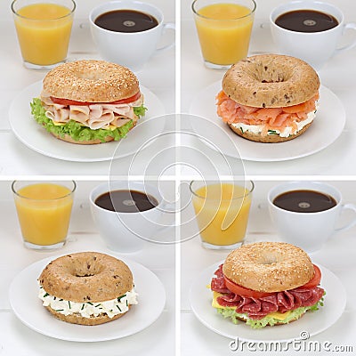 Collection of bagels for breakfast with ham, salmon, orange juice and coffee Stock Photo