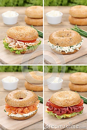 Collection of bagels with cream cheese, salmon fish and ham for Stock Photo
