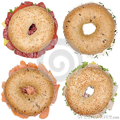 Collection of bagels with salami ham cream cheese, salmon top vi Stock Photo