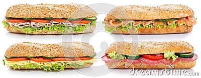 Collection of baguettes with salami ham cheese salmon fish later Stock Photo