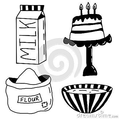 Collection baking in doodle style. Cooking recipes. Cake, bowl, flour, milk. Bakery set. Stock Vector illustration Vector Illustration