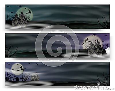 Collection banner for Halloween with gothic castle, flying young witch, ghost and full moon. Vector Vector Illustration