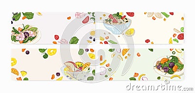 Collection of banner templates with delicious salads on plates and in bowls. Bundle of backdrops with wholesome dietary Vector Illustration