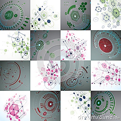 Collection of Bauhaus wallpapers, art dimensional vector background made with honeycombs, lines and circles. Graphic Vector Illustration