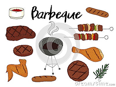 Collection of BBQ objects. Set of barbecue elements. Vector Illustration