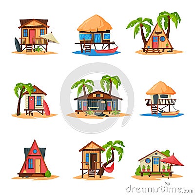 Collection of Beach Bungalows on Coast of Tropical Sea, Summer Seaside Vacation Wooden Cabins Vector Illustration Vector Illustration