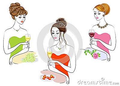 Collection. Beautiful girls are sitting at the table. Women hold a glass of red, white and champagne wine. Next strawberry, grapes Cartoon Illustration