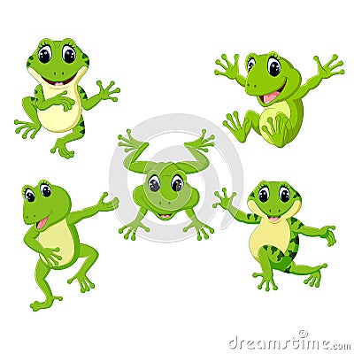 The collection of the beautiful green frog in the different posing Vector Illustration