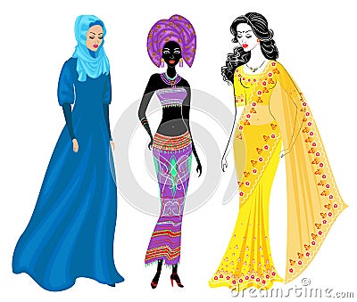 A collection of beautiful ladies. A Muslim, an African-American girl and an Indian woman. National clothes. Set of vector Cartoon Illustration