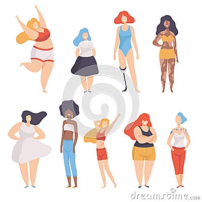 Collection of Beautiful Multiracial Women of Different Figure type and Height, Body Positive, Self Acceptance and Beauty Vector Illustration