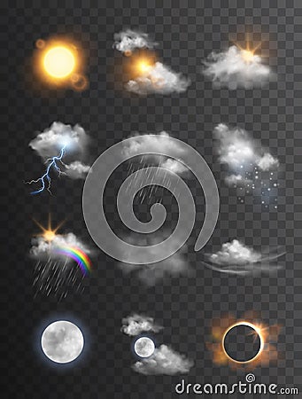 Collection of beautiful vector realistic weather symbols/icons - meteorology, forecast Vector Illustration