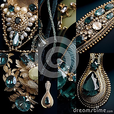 Collection of beautiful vintage jewelry on black background. Accessories collage. Generative AI Stock Photo