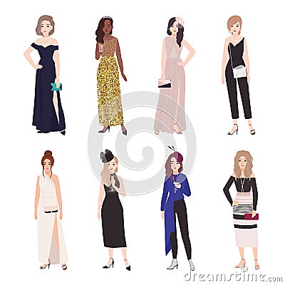 Collection of beautiful young women in evening outfits. Set of girls wearing elegant formal dresses and jumpsuit. Bundle Vector Illustration