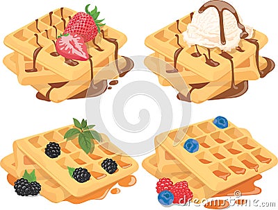 Collection of Belgian waffles with fruit fillings. A set of sweet pastries with cream and fruits. Menu of sweets for Vector Illustration