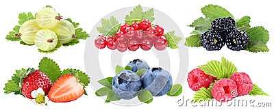Collection of berries strawberries blueberries berry fruits fruit isolated on white Stock Photo