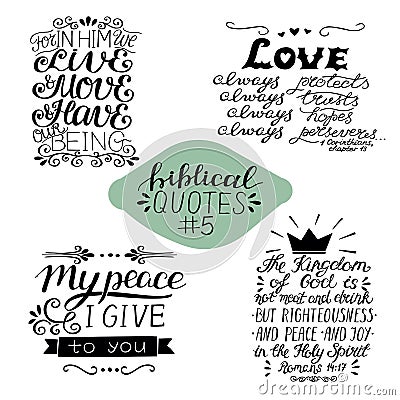 Collection 4 with 4 Bible verses. My peace I give to you. Love always. The Kingdom of God Stock Photo