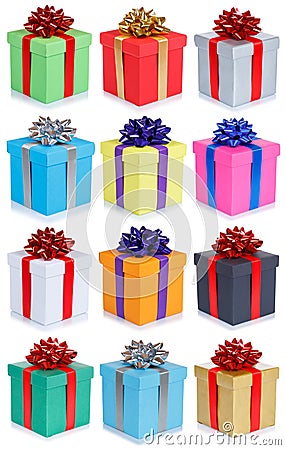 Collection of birthday gifts christmas wedding presents portrait format isolated on white background Stock Photo