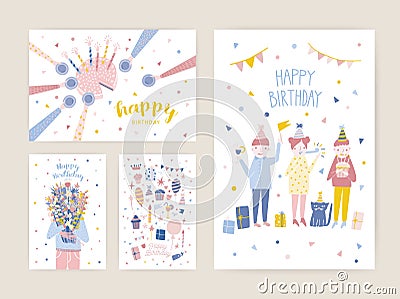 Collection of birthday greeting card, postcard or party invitation templates with happy people, cake with candles Vector Illustration