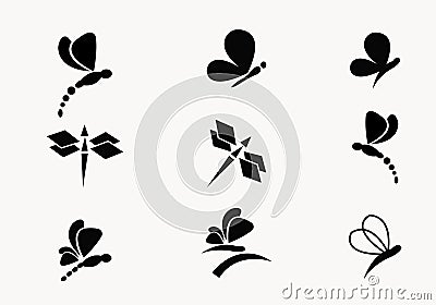 6 collection of black butterflies and dragonflies Vector Vector Illustration