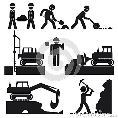 Collection of Black Construction Earthworks Icons Vector Illustration