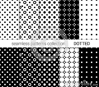 Collection of black dotted seamless patterns. Vector Illustration