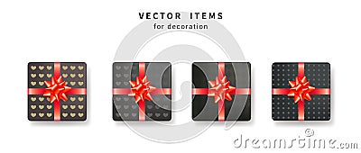 Collection of black gift box with pattern and shiny red bows with ribbons. Stock Photo