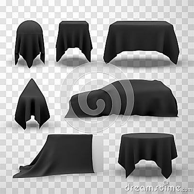 Collection of black satin clothes covering tables Vector Illustration
