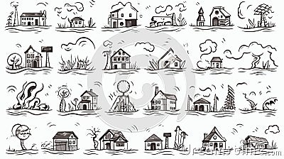 Collection of black and white icons representing different objects and concepts Vector Illustration