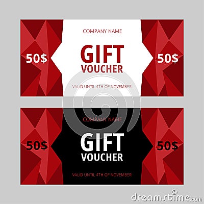 Collection of black, white and red gift vouchers with poly elements Vector Illustration