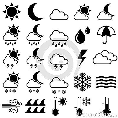 Weather Black and White Icons Vector Illustration