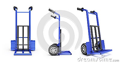 Collection of blank blue two-wheeled hand truck for transporting Stock Photo