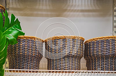 Collection of blue handmade rattan baskets. Handmade wicker basket Made from natural bamboo and rattan Stock Photo