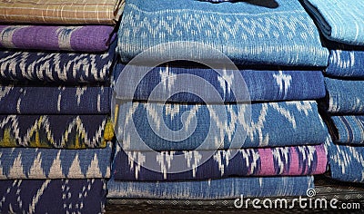 Collection of blue indigo fabrics Stock Photo