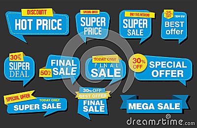 Collection of blue labels sale or discount sticker vector illustration Vector Illustration