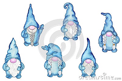 Collection of blue nordic gnomes Cartoon Illustration